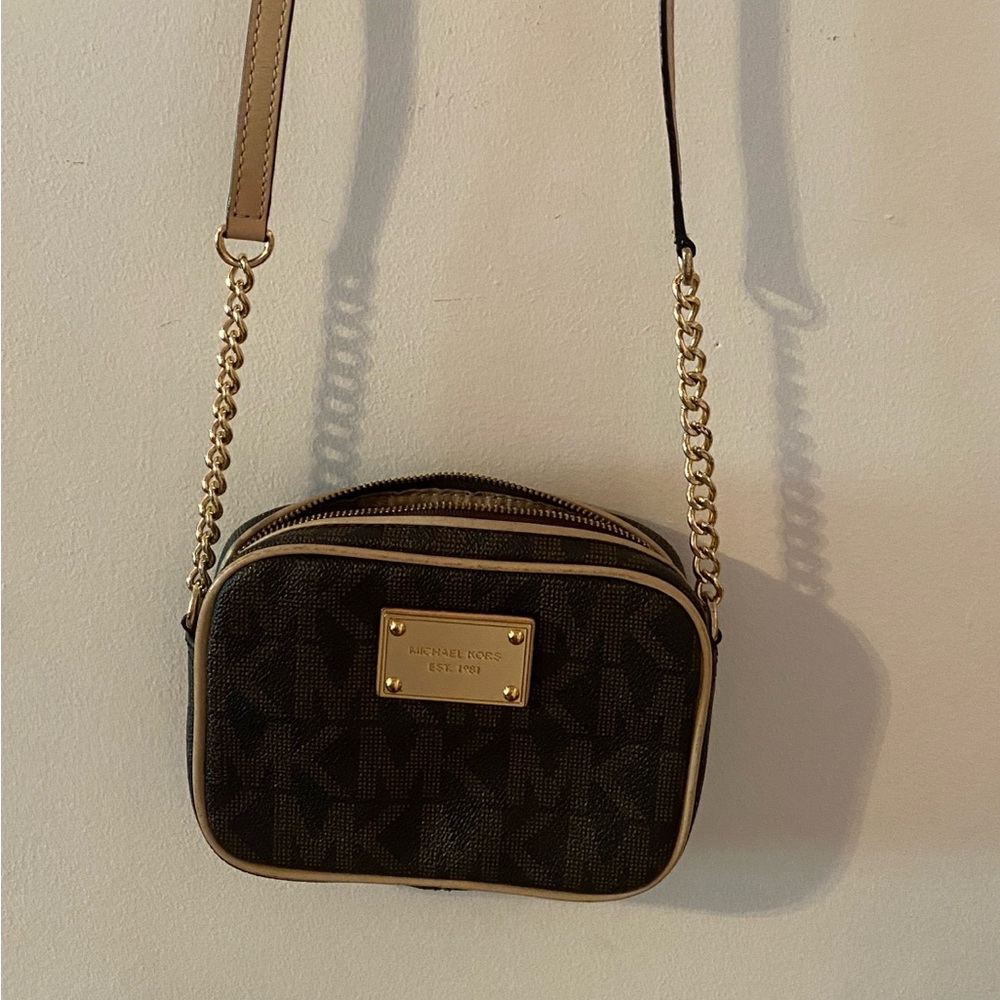 Michael Kors Brown Leather Crossbody Bag with Gold Chain